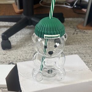 Starbucks Clear Bear Tumbler with Green Beanie Lid and Striped Straw